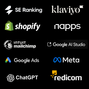 we work with shopify, klavyio, napps, seranking, redicom, google ai studio